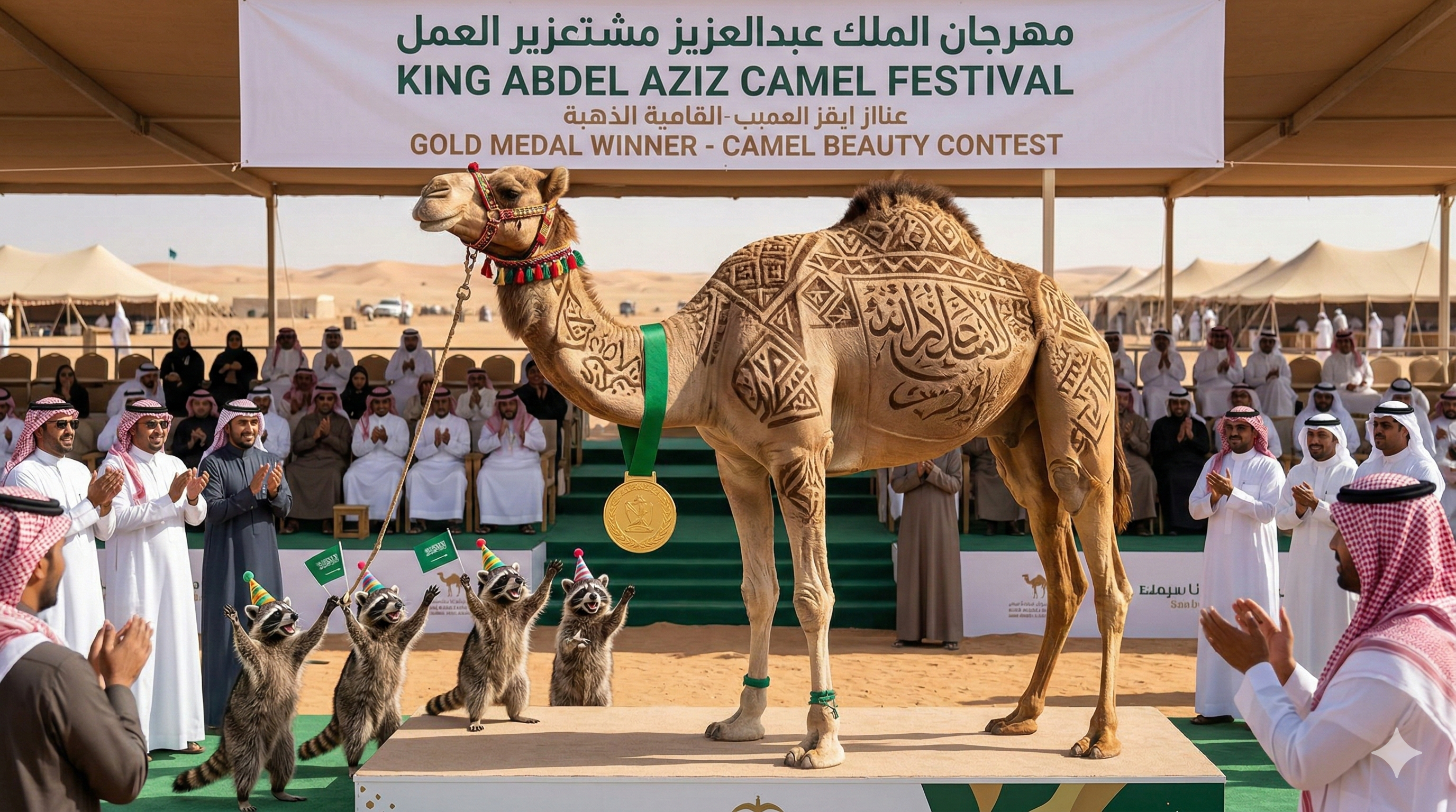 Today Mr. Camel is being honored at a camel beauty contest while being cheered on by a crowd of thousands including his faithful raccoon buddies. Happy Hump day all!