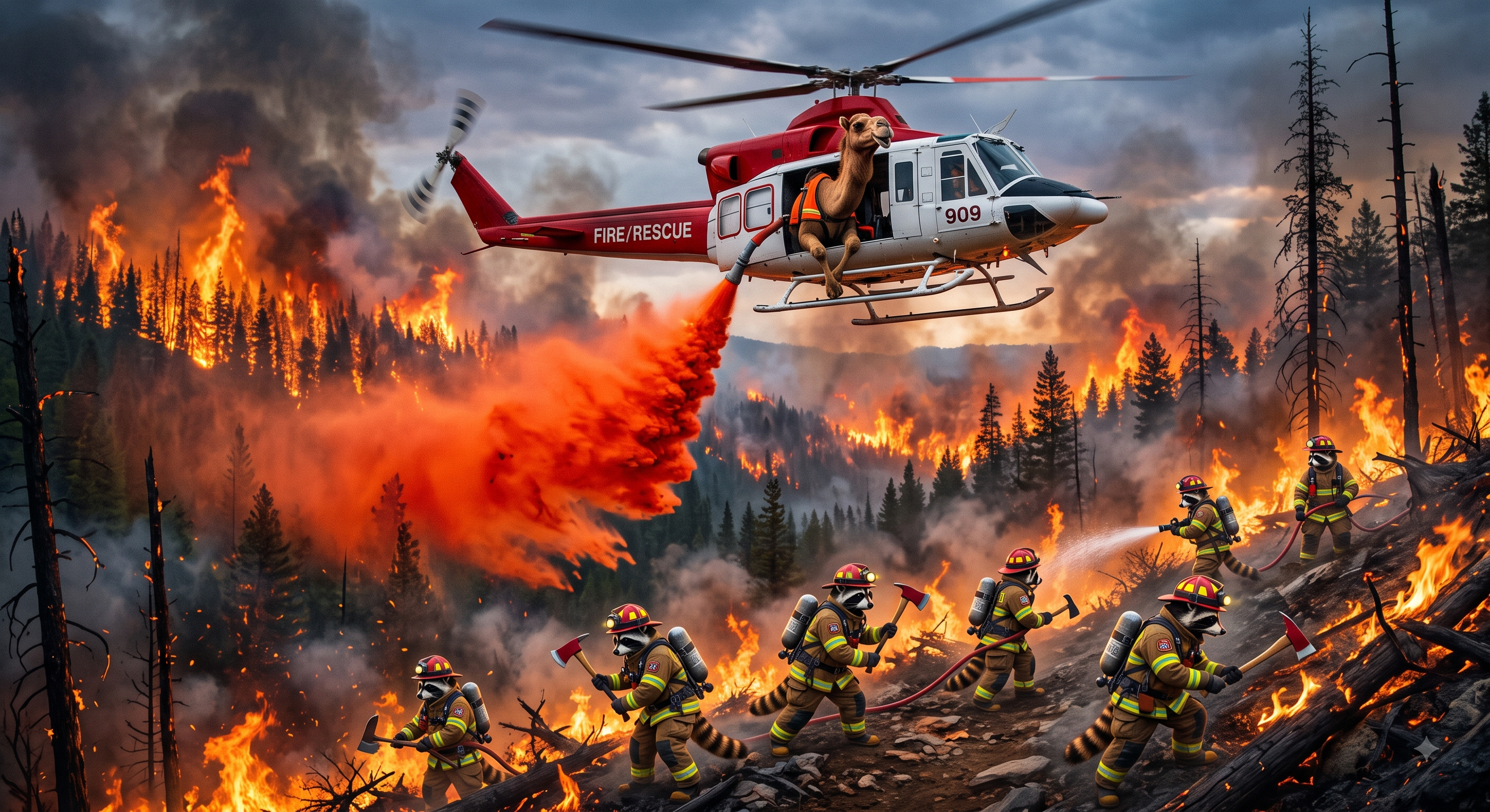To honor the men and women of the of the US Forest Service Firefighters (https://www.fs.usda.gov/science-technology/fire/people) and other wildland firefighters (https://wffoundation.org/) busting their humps all over the west, today Mr. Camel guides the Bell 205 Air Tanker to drop retardant. Together with a merry band of raccoons they respond to one of the 46,509 wildfires that have burned more than 6.4 million acres so far in 2026. Happy Hump Day and Godspeed!