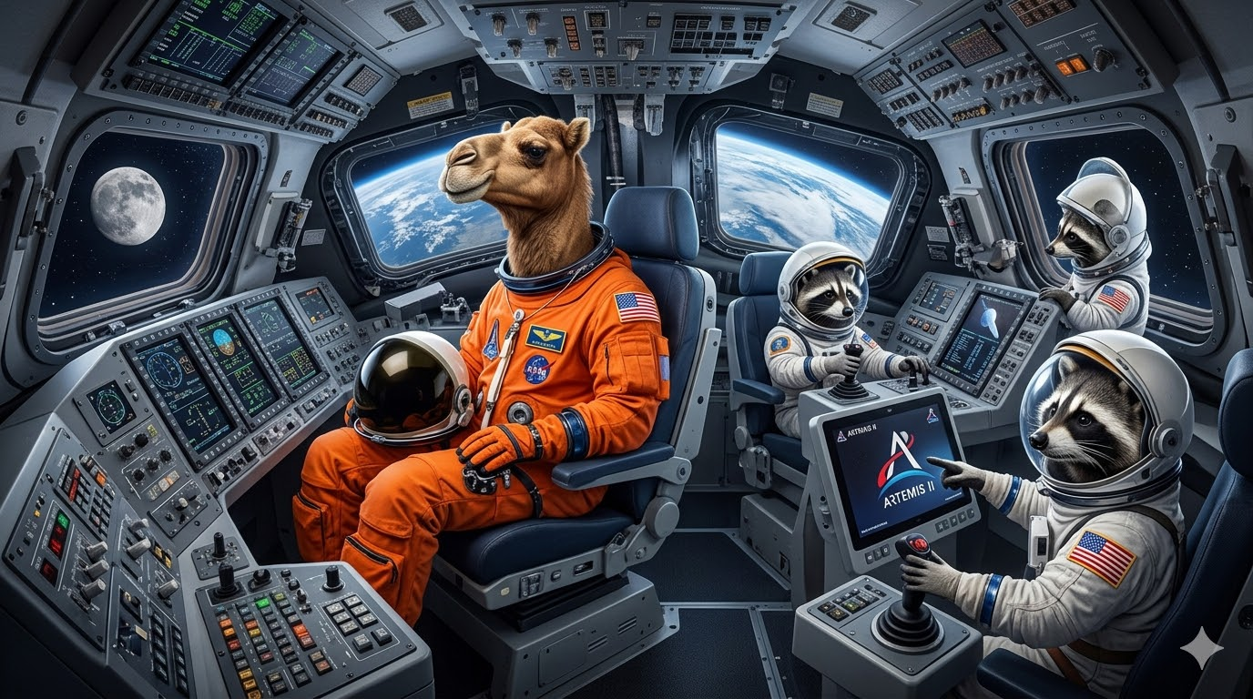 Forget your typical crew of stoic human explorers. The humans are still planning and testing for something called "safety." In this bustling Orion cockpit, Captain Bartholomew T. Camel keeps his cool while his three raccoon co-pilots, already looking for trouble, struggle with the advanced controls and the incredible view of Earth and the Moon. It’s a scene of cosmic ambition, inevitable chaos, and teamwork that, somehow, works. Happy Hump Day Y'all!!