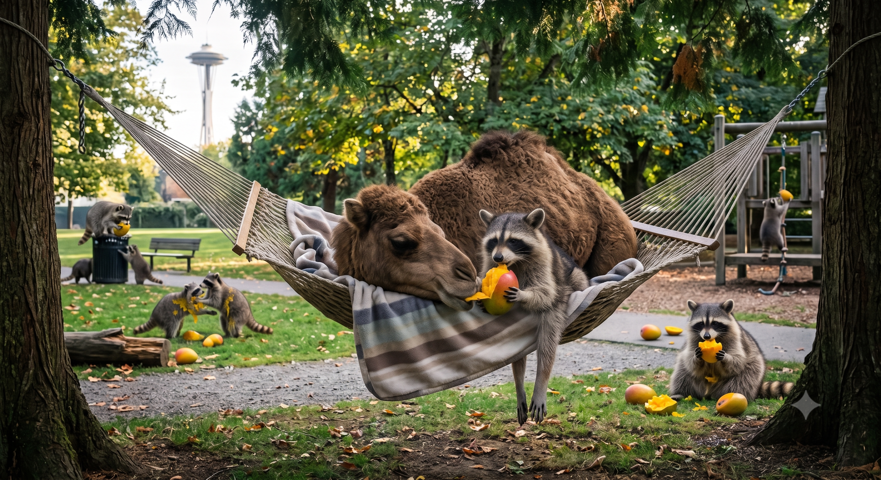 Mr. Camel is visiting Seattle this week sharing some beautiful mangos with Jimothy and his family. Happy National Hammock, Mango, Hump Day!