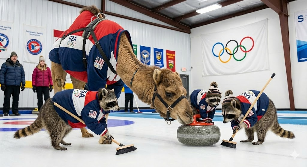 Mr. Camel and his raccoon friends will be stepping onto the sheet this evening for a high-stakes curling match against Mr. Moose and the snowshoe hares. Expect fierce competition in the most ambitious cross-species sports collaboration in history--XXV Winter Olympic Games. Happy hump day y’all!
