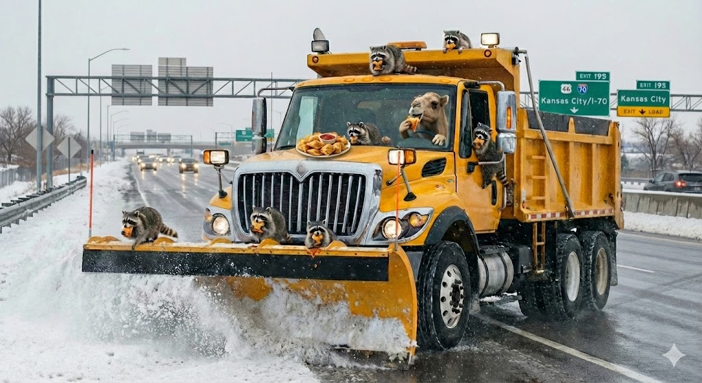 This week, Mr. Camel and his merry band of furry bandits are helping us out by plowing the streets while enjoying some yummy t-ravs. You made it to the middle of the week. Happy Hump Day and watch out for the “Exit Load” if you happen to be near US 66 AND I-70!