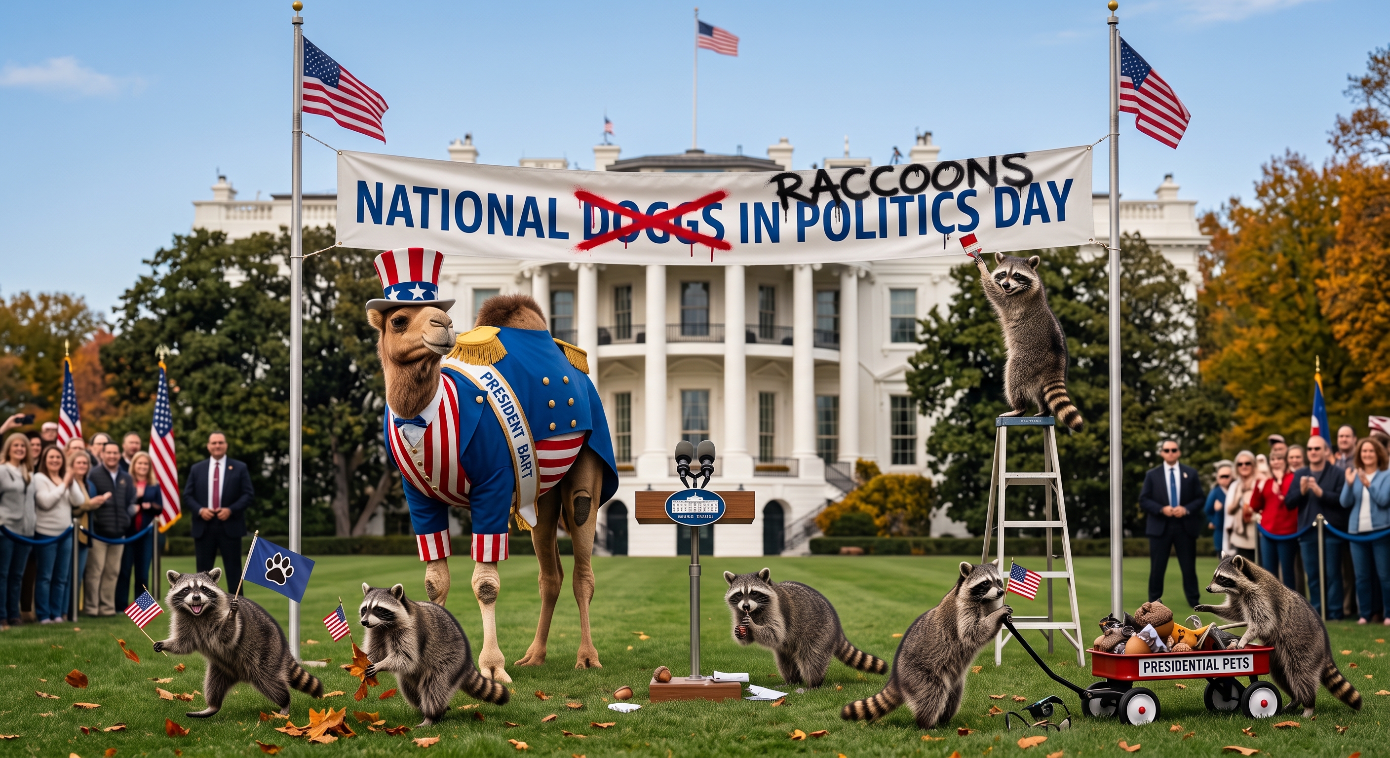 President Bart celebrates National Dogs Raccoons in Politics Day with his favorite patriotic staffers. Happy Hump Day!
