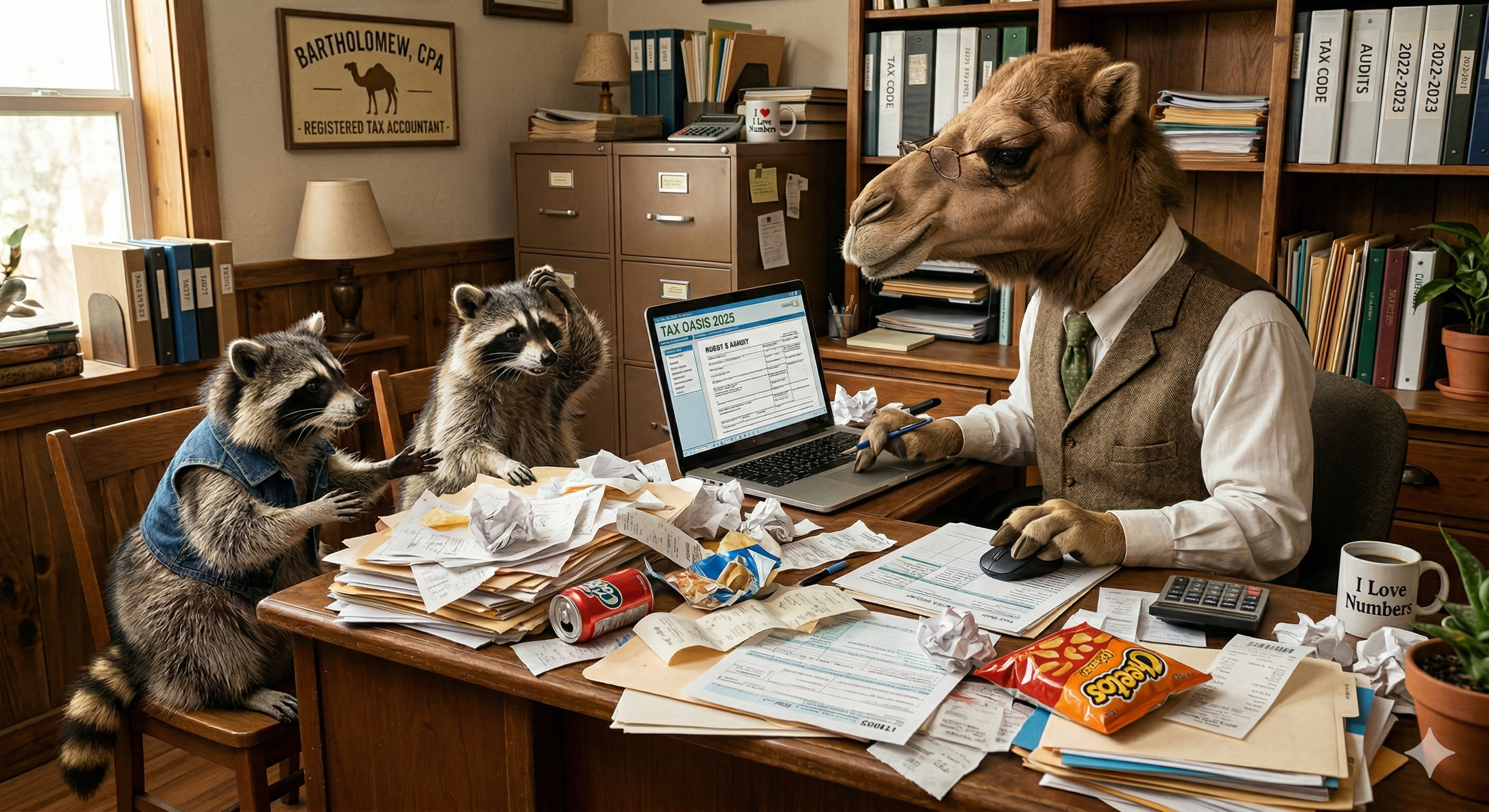 Having delayed to the 11th hour, Rocky and Bandit arrive with their grease-stained, chaotic jumble of "Important Tax Documents" at the office of Bartholomew T. Camel C.P.A. and self-proclaimed lover of numbers to find out how much their 2025 antics have cost them. 😬 To cover the new tax on mischievous deeds they may have to sell their interest in R & B Waste Management or at possibly route funds through their various 🐢 companies. Come back next week to find out the scope of their 2025 tax liability. Happy Hump Day Y'all!