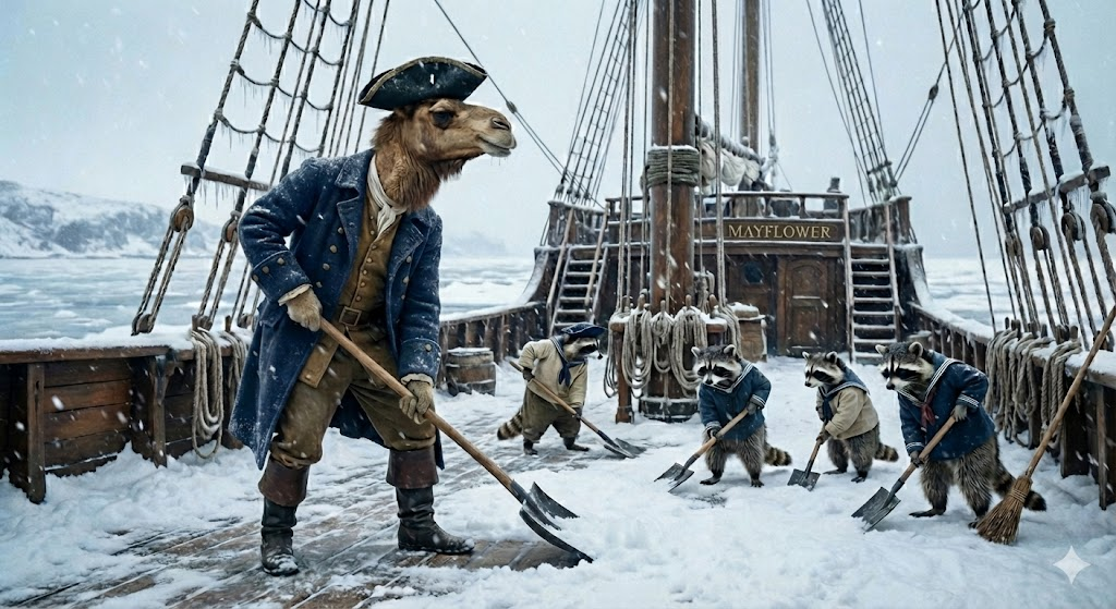 After an unexpected snow storm, Captain Camel and his merry band of raccoon buddies are shoveling the deck this morning and wishing you all a Happy Hump Day!