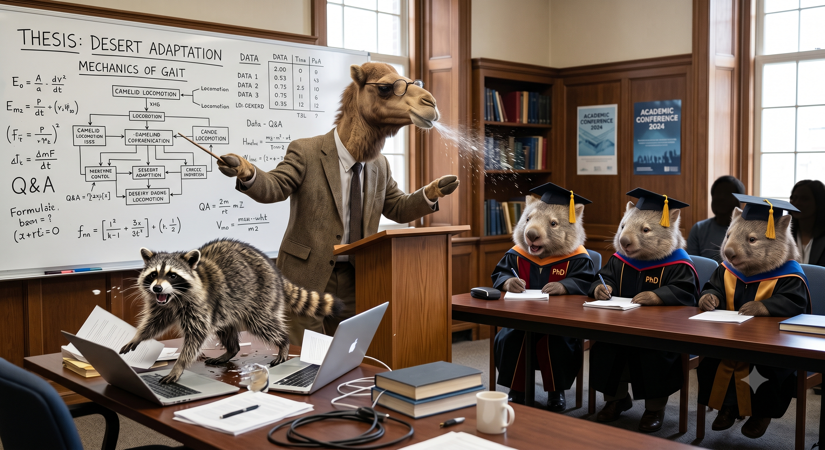 Today Mr. Camel attempts to defend his thesis in Advanced Camelid Studies with a little help from his friends. Happy Hump Day!