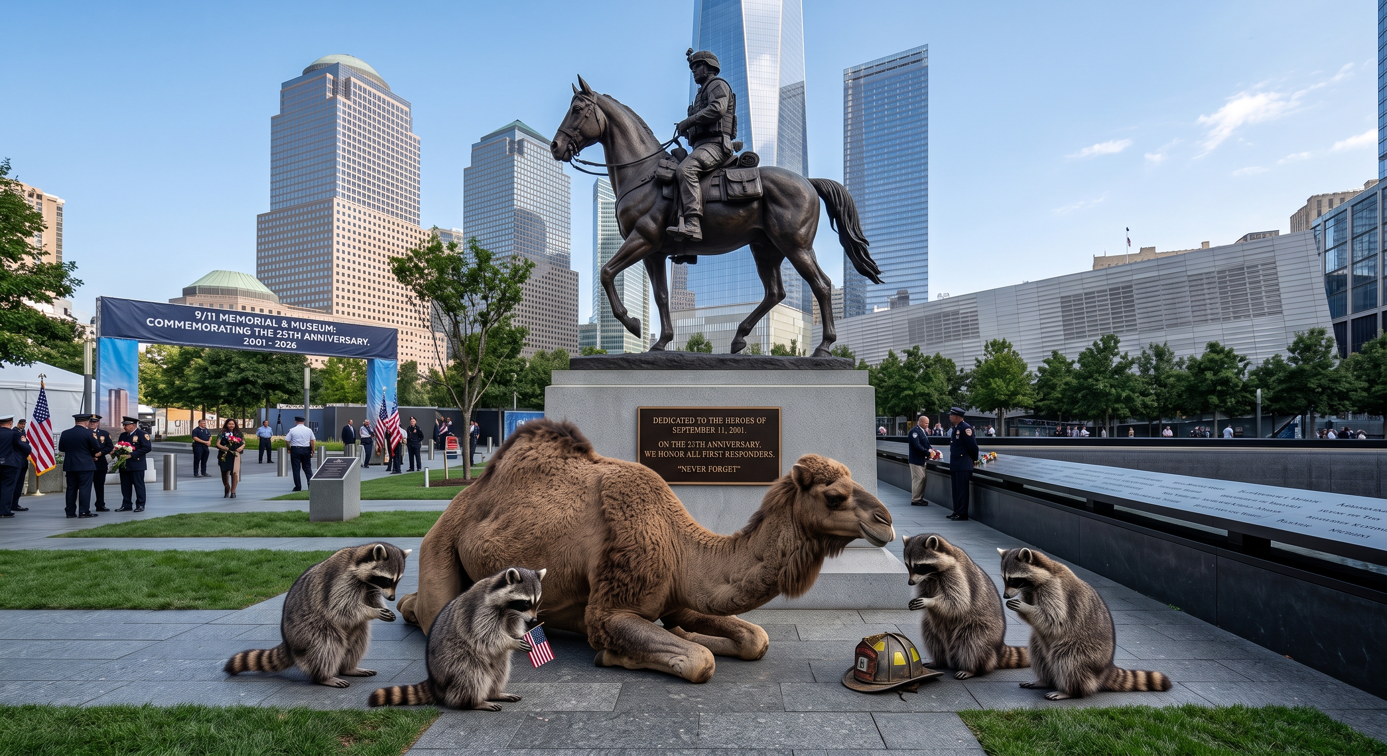 In commemoration of the 25th Anniversary of September 11, 2001, Mr. Camel gathers with his band of raccoons near America's Response Monument to respectfully honor the sacrifice of those who served. The courage of the heroes and the quiet dignity of every life lost on September 11 remain forever etched in our collective heart. We honor their sacrifice and renew our promise to stand united and never forget.