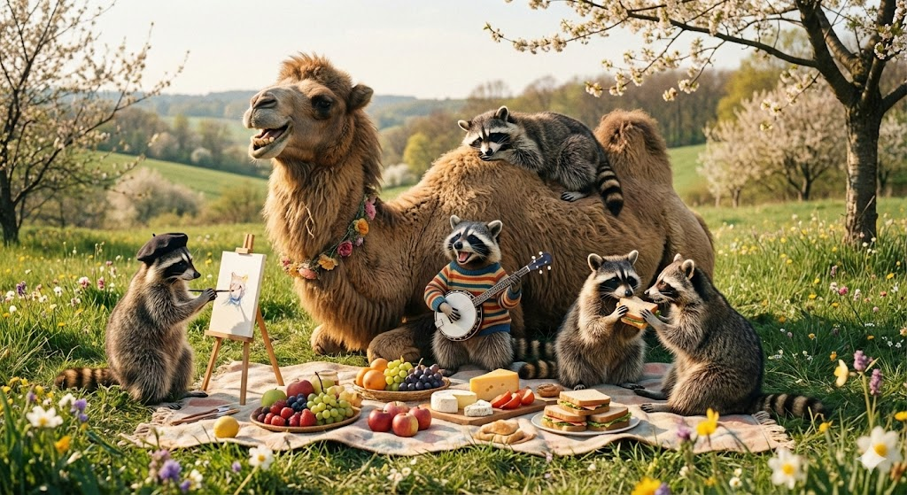 Mr. Camel and his raccoon buddies had enough of winter and have decided it's now spring. We should all go out for a delightful picnic in the park. Happy Spring Hump Day!