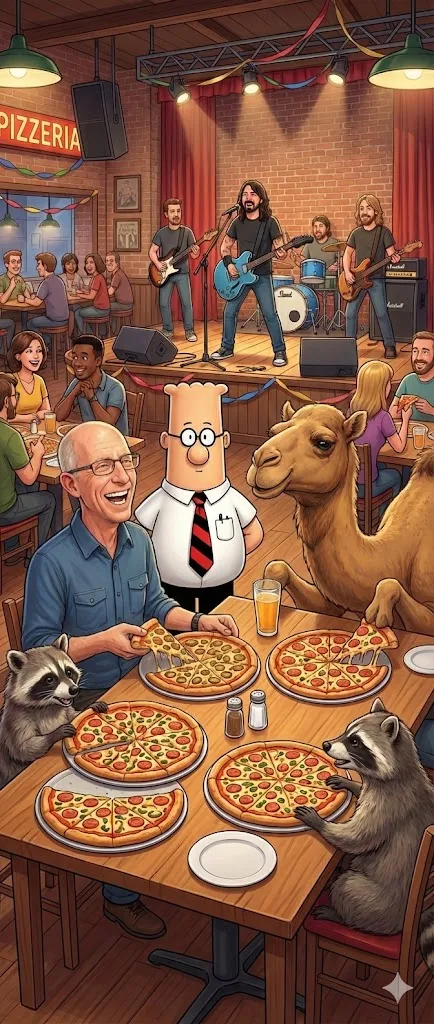 Today, Mr. Camel and his raccoon friends are honoring Scott Adams (creator of Dilbert) who sadly passed away yesterday. They’re eating some pizza for National Pizza Week and listening to “The Foo Fighters” (sort of) because today is Dave Grohl’s birthday. Now, Claude, go write me a minivan! Happy Hump Day y’all!