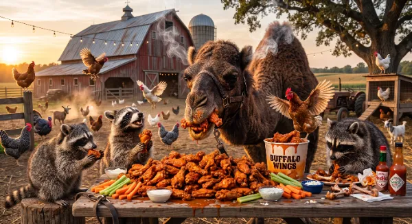 Happy National Chicken Wing Hump Day! Remember to handle this week’s task list with the same chaotic energy as a camel and three raccoons crushing a mountain of hot wings while the chickens experience an existentially horrifying realization about what's on the table.