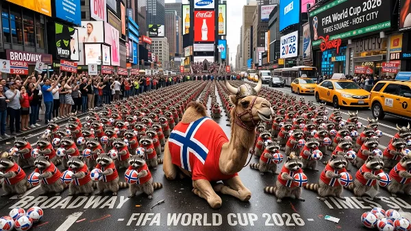 Today Mr. Camel and thousands of his best raccoon buddies are in Times Square demonstrating their Norwegian pride with a little Viking Row. Why are a camel and raccoons Norway fans? Got me. Maybe it's their seafaring nature. Happy Hump Day!