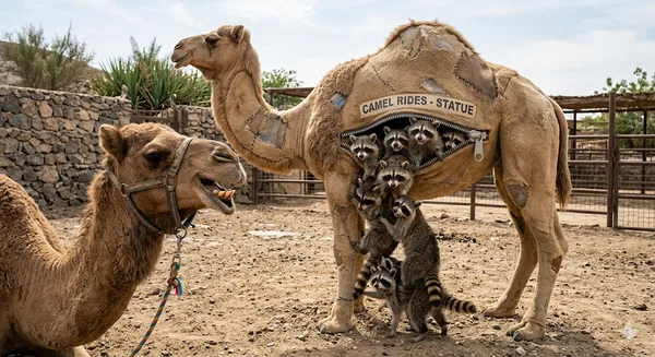 On this National Zipper day, a gaze of raccoons emerges from their trojan camel to the amazed and amused Mr. Bartholomew T. Camel. Happy Hump Day!