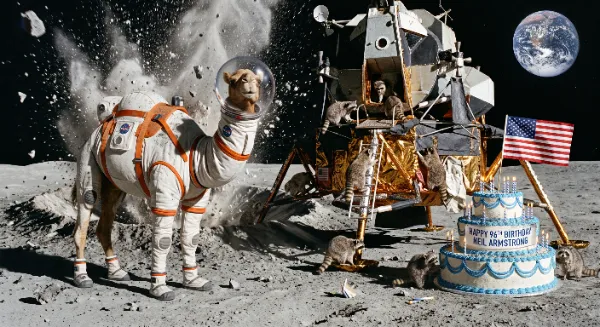 To continue the moon series from April, Mr. Camel and his Raccoon friends land on the moon and throw a birthday party for Neil Armstrong on what would be his 96th birthday. Happy Hump Day!