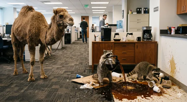 Coffee chaos reigns on this Hump Day. A trash panda gleefully pours a fresh pot of dark roast directly onto the floor, creating a sloshing lake of caffeine that splashes up the walls, while its accomplice scampers through the wreckage and Mr. Camel looks on in disbelief. Happy Hump Day!