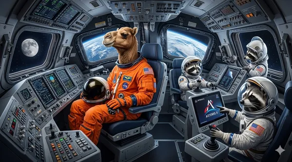 Forget your typical crew of stoic human explorers. The humans are still planning and testing for something called "safety." In this bustling Orion cockpit, Captain Bartholomew T. Camel keeps his cool while his three raccoon co-pilots, already looking for trouble, struggle with the advanced controls and the incredible view of Earth and the Moon. It’s a scene of cosmic ambition, inevitable chaos, and teamwork that, somehow, works. Happy Hump Day Y'all!!