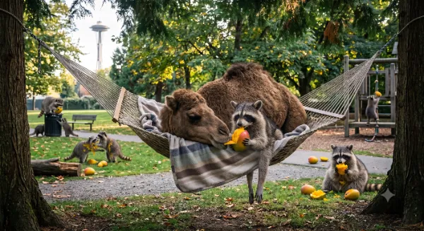 Mr. Camel is visiting Seattle this week sharing some beautiful mangos with Jimothy and his family. Happy National Hammock, Mango, Hump Day!