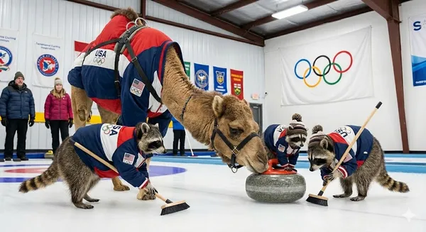 Mr. Camel and his raccoon friends will be stepping onto the sheet this evening for a high-stakes curling match against Mr. Moose and the snowshoe hares. Expect fierce competition in the most ambitious cross-species sports collaboration in history--XXV Winter Olympic Games. Happy hump day y’all!