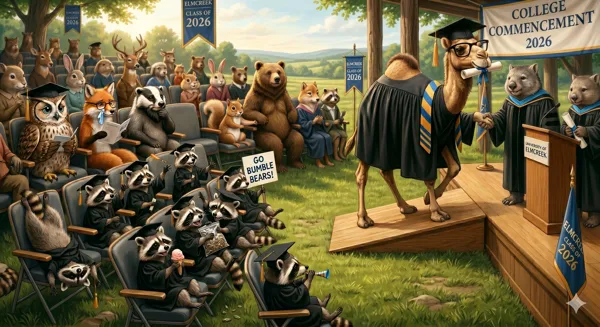 Today Dr. Wanda Wombat and Dr. Eli Squarepoop present Mr. Bartholomew T. Camel with a Masters in Advanced Camelid Studies from Elm Creek College. Congratulations Mr. Camel! That's a rather strange way to shake hands but good luck in your future endeavors. Happy hump day all and GO Bumble Bears!