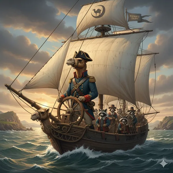 Setting sail for the New World, humps to the horizon. Somewhere near Bermuda, along with his faithful raccoon companions, Mr. Camel is captaining the good ship Mayflower on his way toward landing at Plymouth Colony next week. Happy Hump Day!