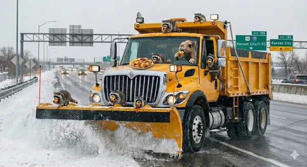 This week, Mr. Camel and his merry band of furry bandits are helping us out by plowing the streets while enjoying some yummy t-ravs. You made it to the middle of the week. Happy Hump Day and watch out for the “Exit Load” if you happen to be near US 66 AND I-70!