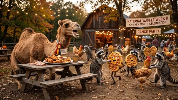 To celebrate national waffle week and national chicken month, Bartholomew T. Camel and his raccoon pals host a hoedown and invite all their favorite chickens and waffles. Happy Hump Day!