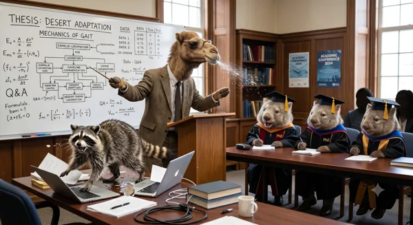 Today Mr. Camel attempts to defend his thesis in Advanced Camelid Studies with a little help from his friends. Happy Hump Day!