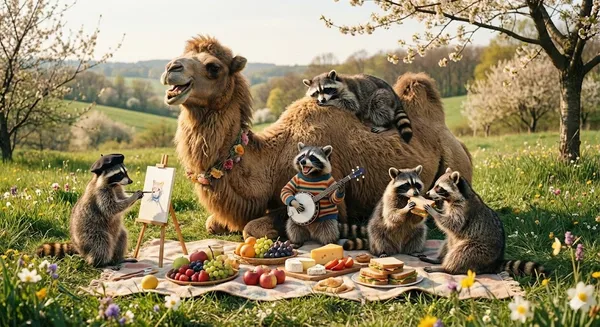 Mr. Camel and his raccoon buddies had enough of winter and have decided it's now spring. We should all go out for a delightful picnic in the park. Happy Spring Hump Day!
